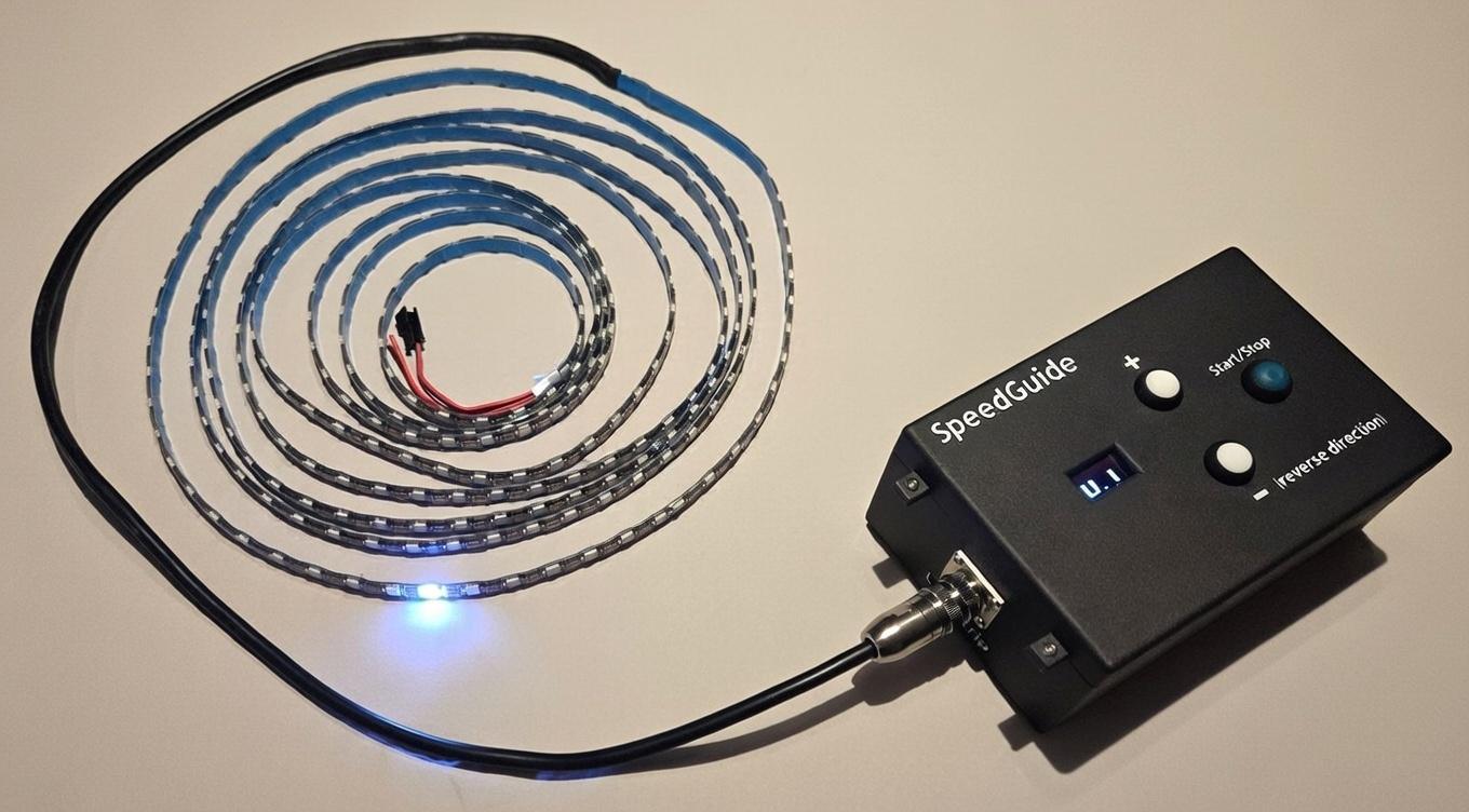 SpeedGuide device with coiled addressable LED strip connected to the black control unit, professional studio product photography